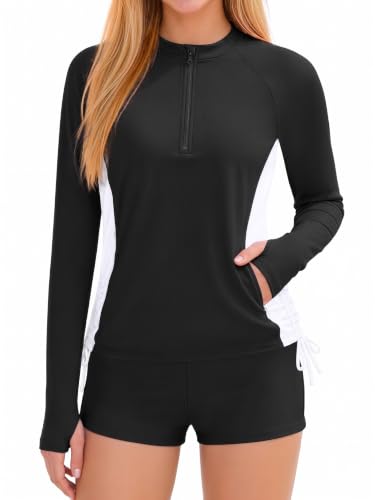 Image of Girls Rash Guard Swimsuit Long Sleeve Swim Shirt with Pockets UPF 50+ 7-16Y | Two Piece Set with Boy Shorts,Swimsuit Top with Side Zip Pockets,Quick-Qrying,Half-Zip & Drawstrings Design,Color Block