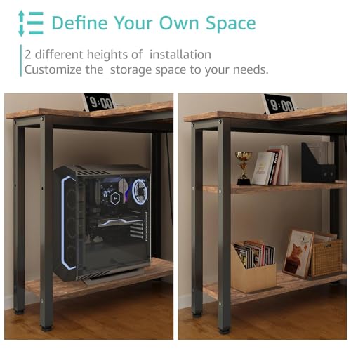 Lufeiya L Shaped Computer Desk with Drawers & Storage Shelves, 63 Inch Corner Desk with Power Outlet for Home Office Bedroom, L-Shaped Teen PC Gaming Desks with Fabric Drawer, Rustic Brown