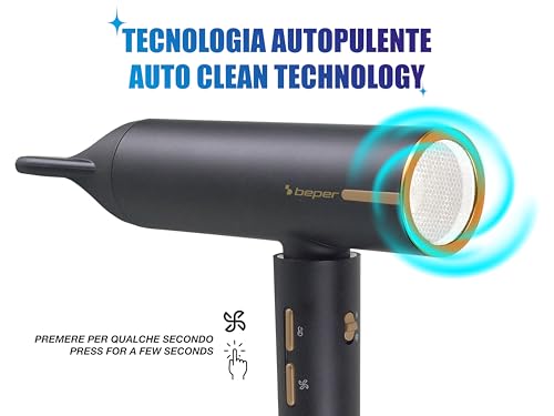 Beper P301ASC010 Asciugacapelli Brushless, 1800W, 3 Velocità, 3 Temperature Selezionabili, Indicatore Di Temperatura Led, Griglia Autopulente, Accessori Inclusi, Nero - 5