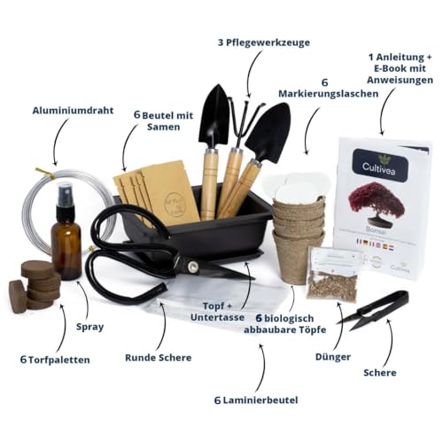 CULTIVEA Bonsai-Set Premium Pflanzfertig - Gärtnern und Dekorieren - Natürliche Bonsai- und Pflanzenpflege - Draht, Dünger, Werkzeuge, Rundschere, Kleine Bonsaischere - Originelle Geschenkidee
