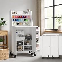 Folding Sewing Machine Table with Storage, Portable Sewing Desk with Thread Rack & Wheels &Built-in AC/USB Charging, Space-Saving Craft Storage Cabinet for Home, Apartment, and Art Studio White