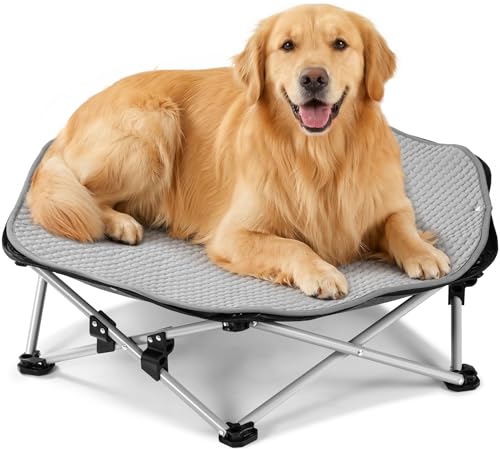 Pecute Foldable Elevated Dog Bed with Sturdy Wire Frame,Portable Folding Pet Cot for Small Dog,Breathable Outdoor Dog Bed with No-Slip Feet & Cooling Mat,Chew-Proof,Travel,Patios, Outdoor,Indoor,XL