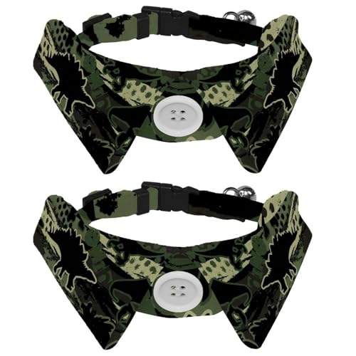 Hundehalsband mit Fliege und Glöckchen, originelles Dinosaurier-Camouflage-Muster, verstellbares Revers-Design, Katzen-Fliege, Halsband für kleine Haustiere, 2 Stück