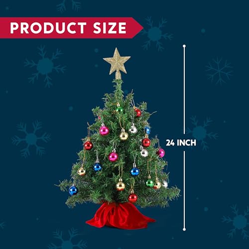Joiedomi 24"/2FT Mini Christmas Tree Tabletop Set with Clear LED Lights, Artificial Mini Christmas Tree with Star Treetop and Hanging Ornaments, Best DIY Xmas Decorations (Storage Bag Included)