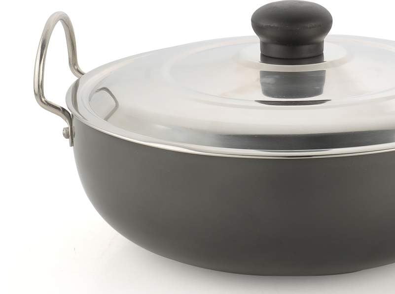 Image of Hard Anodized Deep Kadhai with Stainless Steel Lid Cookware for Kitchen Deep Cooking Surface for Frying Curry Saute and Gravy Preparation Applications Use - 11 inch