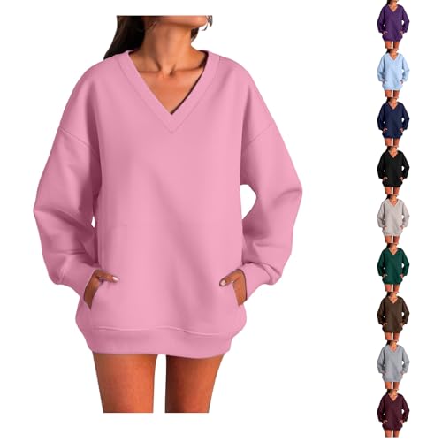 Cocila Sweatshirts for Women Uk Long Sleeve Tops V Neck Pullover with Pockets Autumn Winter Windproof Warm Solid Color Soft Comfy Sportwear Jumpers Pink L