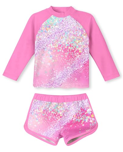 TUONROAD Girls Swimming Outfit Long Sleeve Swimwear 2 Piece Swimsuit UPF 50+ Protection Sun Protection Swimming Set 7-8 Years