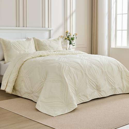 Image of Kingnex Oversized King Bedspreads 128x120 for Tall King or Cal King Bed Ultrasonic Quilted Coverlet Set 3 Piece Include 1 Extra Wide Quilt 2 Pillowcases Cream