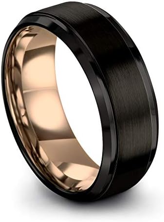 Midnight Rose Collection Tungsten Wedding Band Ring 8mm for Men Women 18k Rose Gold Plated Step Bevel Edge Black Brushed Polished Size 9