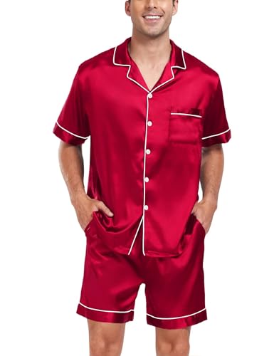 Image of SWOMOG Men Satin Silk Pajamas Sets Short Sleeve Sleepwear Button-Down PJs Sets Two-Pieces Loungewear with Pockets