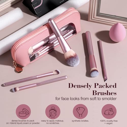 Image of BS-MALL 14 Pcs Makeup Brushes Set with 1 Pcs Makeup Sponge - Essential Foundation Powder Concealers, Eye Shadows, Blush Makeup Brushes with Travel Makeup Case (Matte Gold Pink)