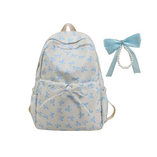 LERIKA Large capacity Coquette Bow Backpack School Communicating and Everyday Use in Multiple Colors (White and blue flowers)