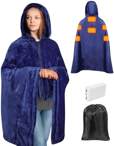 Cordless Wearable Heated Blanket, 10000mah Heated Blanket Battery Operated with Hood, USB Heating Throw Shawls Portable Electric Blanket with 3 Heating Levels for Home Office Outdoor(Navy)