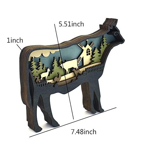 Annoomm Animal Cow Decor,Wooden Home Ornament Cow Statues And Figurines,Multilayer Woodland Cow Silhouette And Sculpture,Cow Decoration For Shelf Table Wood(Cow+Light) #TOP1