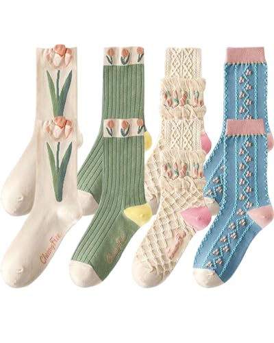 LOZTBUE Pack de 4 Calcetines Coloridos para Mujer Con Volantes, Florales de Moda Retro, 39-42 34-46, de Algodón