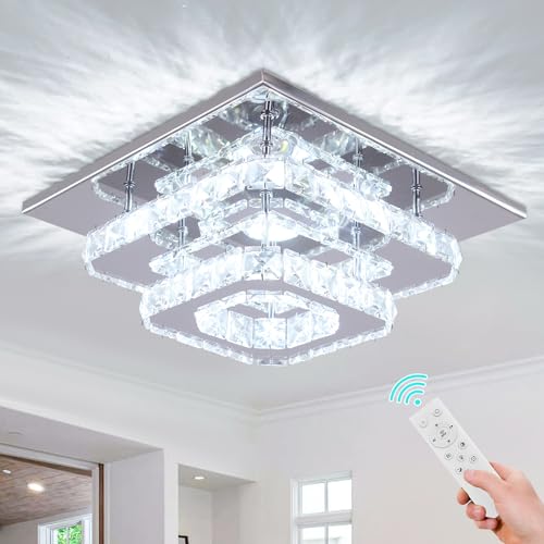 FRIXCHUR Dimmable Crystal Chandelier Ceiling Light with Remote Square Led Flush Mount Small Chandelier for Dining Room Kitchen Wedding Hallway Foyer,9.8"