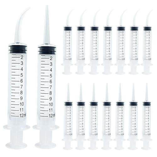 BokWin 16PC Plastic Syringes Set with Curved & Straight Tips | 12ml Oral Irrigation Syringe | Measurement Markings for Mouthwash, Tonsil Stones, Animal Feeding & Lab Applications