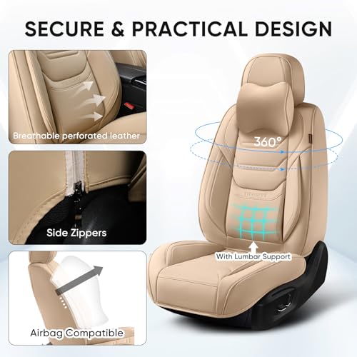 Image of TIEHESYT Leather Seat Covers Front Pair with Lumbar Support and Headrest, Breathable and Waterproof Car Seat Cover, Universal Seat Covers for Cars, Trucks, SUVs, Airbag Compatible, Beige
