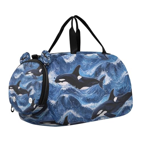 Glaphy Blue Cartoon Sharks Duffle Bag for Toddler Boys Girls, Gym Sports Bag with Shoe Compartments, Kids Travel Overnight Weekender Shoulder Bag