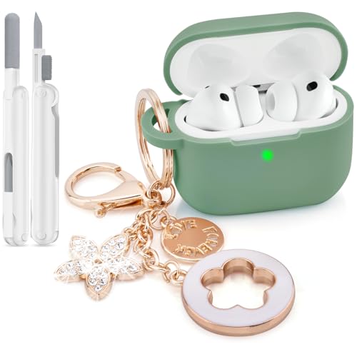 Image of VISOOM for AirPods Pro 3 Case 2025, Silicone Case for Apple Air Pods Pro 3rd Generation Cover Women, Cute iPods 3 Protective Cover with Bling Keychain & Cleaning Kit,Green
