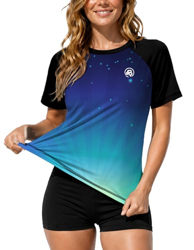 Image of AOBUTE Women Short Sleeve Rash Guard Gradient Sun Protection Swim Shirts