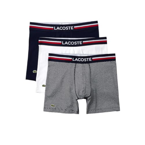 Lacoste Men's Cotton Stretch Tricolor Waistband Boxer Briefs, 3-pack, Navy Blue/White, Medium