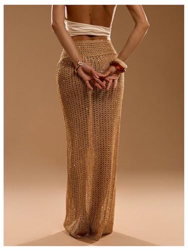 MakeMeChic Women's Swim Beach Cover Ups Summer Crochet Sequin Fishtail Maxi Skirts2