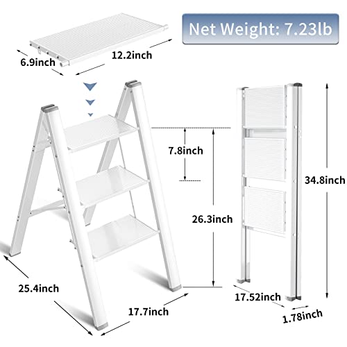 3 Step Ladder Folding Ladder Stool Portable Storage Rack Lightweight Aluminum Wide Anti Slip Pedal Multifunctional Household Adults & Kids Stepladder White 330Lb… #TOP2
