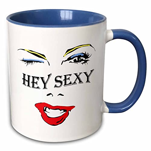 3dRose Hey Sexy. Sexy eyes. Red lips. Saying 11oz Two-Tone Blue Mug