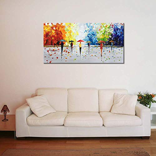 100% Hand-Painted Abstract Landscape Wall Art People Walking Modern Oil Painting #TOP4