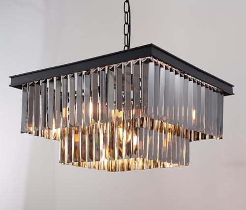 Image of Wellmet Smoke Grey Crystal Chandelier Modern, 9 Lights 2-Tier Odeon Square Glass Prism Chandeliers, Raindrop Ceiling Light Fixture for Foyer Dining Room Bathroom Bedroom, Entryway