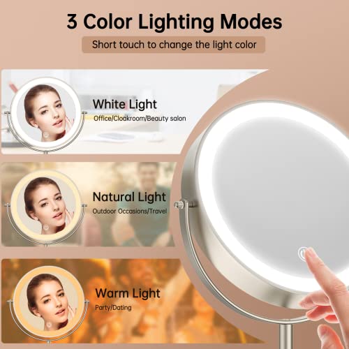 Anfauny 8" Lighted Makeup Mirror With Magnification, 1X/10X Double Sided Vanity Mirror With 3 Color Lights, Rechargeable 54 Leds Dimmable Touch Sensor & 360° Rotation Tabletop Cosmetic Mirror, Nickel #TOP2