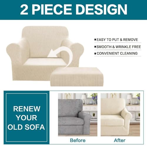 Image of Turquoize 2 Piece Chair Covers Chair Slipcovers for Living Room Small Armchair Chair Cover with Arms Washable Furniture Cover for Chairs Feature Thick Jacquard Fabric (Small Armchair, Biscotti Beige)