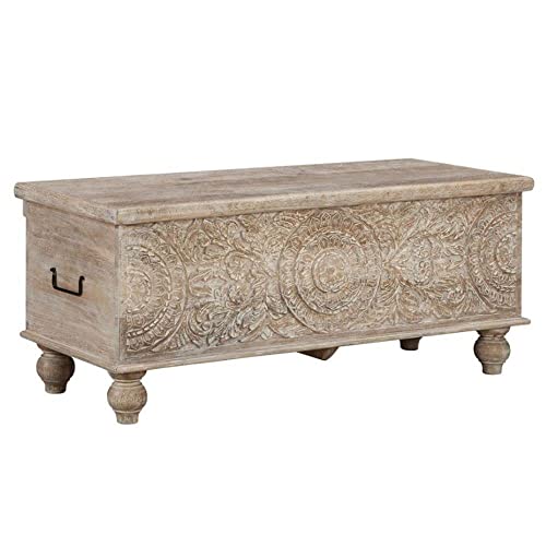 Image of GK International Solid Wooden Hand Carved Storage Trunk Chest | Decorative Wooden Storage Box with Lid for Living Room, Bedroom & Entryway | Rustic Blanket Chest, Coffee Table
