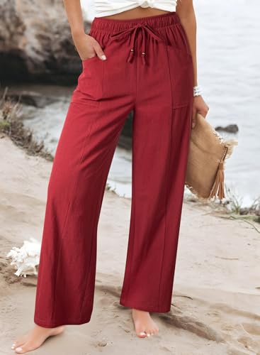 Acelitt Womens Cotton Linen Palazzo Pants Drawstring Elastic Waist Casual Wide Leg Trousers with Pockets4