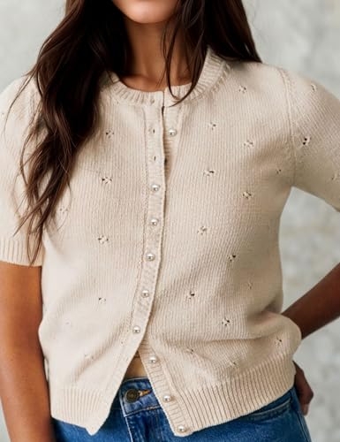 Image of Womens Cardigan Short Sleeve Lightweight Cropped Sweaters 2025 Summer Button Up Shirts Crew Neck Crochet Knit Top