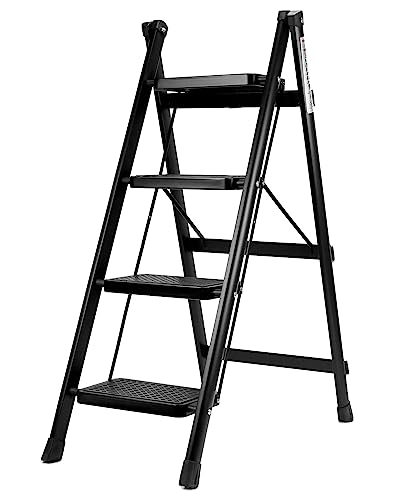 QWORK 4 Peldaños Escalera Plegable, Acero, Carga 150 kg, para Cocina, Biblioteca