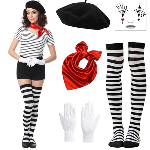 TioRacY Pantomime Kostüm Damen Herren Harlekin Kostüm Damen 5-teiliges Set mit Barett Strümpfen Gesichtstattoo Handschuhen und Schal für Karneval Halloween und Mottopartys