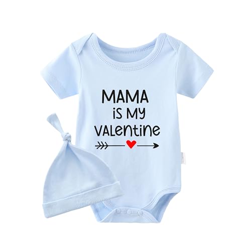 Image of YSCULBUTOL Baby Twins Bodysuit Mama Is My Valentine Newborn Clothes Infant Twin Romper Unisex Outfits With Hat(Blue 6m)