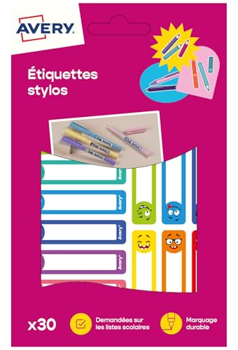AVERY - Sachet de 30 étiquettes pour stylos. Thème Smileys. Format 50 x 10 mm.