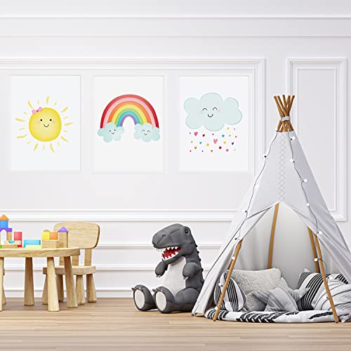 DNGH Bilder Kinderzimmer Poster Babyzimmer Mädchen Deko Boho Wandbilder Regenbogen Wolken Sonne Ohne Rahmen für Wohnzimmer Schlafzimmer Wandbild Kinder Junge Mädchen(Farbe)
