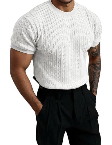 Hoteel Men's Cable Knit Crew Neck Sweater, White, Short Sleeves