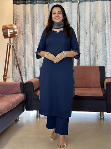 Image of GoSriKi Kurta Set for Women Viscose Solid | Kurti Set for Woman | Kurta Pant Dupatta 3 Piece Outfit | Round Neck V Slit 3 /4 Sleeve Regular Fit Ethnic Dress Stylish Womens Clothing