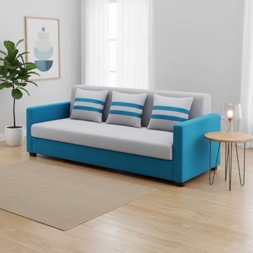 Image of FURNY Lifestylio 3 Seater Fabric Sofa Set (Light Grey-Aqua Blue) Premium Velvet Finish | Ideal for Living Rooms, Offices