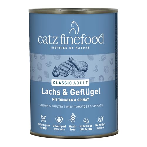catz finefood N° 5 Lachs & Geflügel Feinkost Katzenfutter nass, verfeinert mit Spinat & Tomate, 6 x 400g Dosen