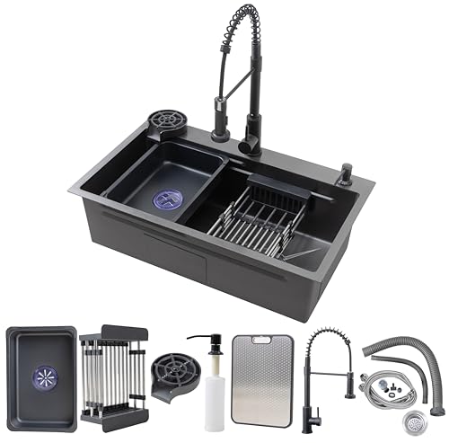 XURYKA 29.5 x 17.7 inch Black Kitchen Sink, Single Bowl Stainless Steel Sink, Multifunctional Drop In Sink Workstation, with Spring Pull-Down Faucet and Cup Washer, Soap Dispenser
