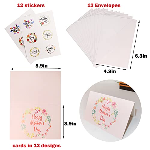 Haddiy Happy Mothers Day Cards Bulk,12 Set Floral Mother's Day Greeting Card Note Cards With Envelopes And Stickers For Mom-12 Assorted Designs #TOP1