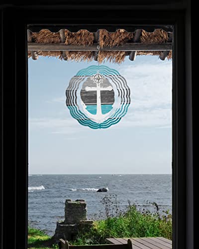 Aqua Grey Ombre Wood Wind Spinners For Yard And Garden, 3D Stainless Steel Wind Spinner, Beach Nautical Anchor Ocean Coastal Wind Sculptures Spinners Indoor Outdoor Hanging Crafts Ornaments 9.8 Inch #TOP3