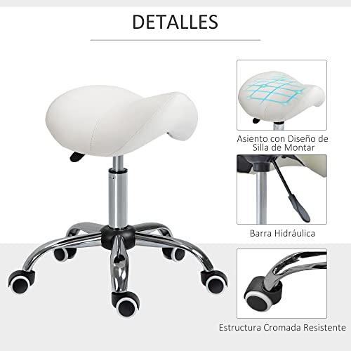 Miniatura 5 de Homcom Taburete Con Ruedas Taburete Giratorio Cosmético Con Altura Ajustable Dentista Peluquería Carga 120 Kg 52x53x49-61 Cm Blanco