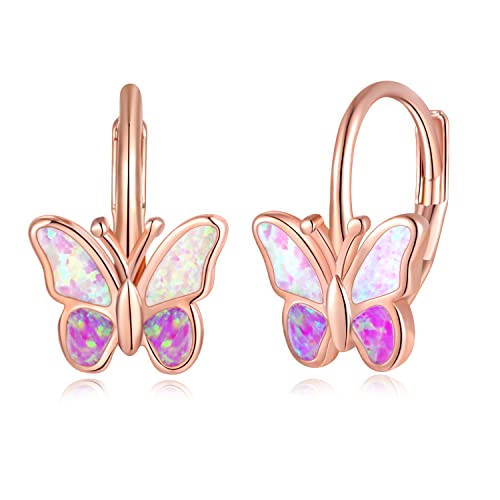 Lasidor Pink/Purple Opal Butterfly Hoop Earrings 14K Rose Gold Plated Leverback Earrings Cute Jewelry Hypoallergenic Huggie Earrings For Women Teen Girls #TOP6